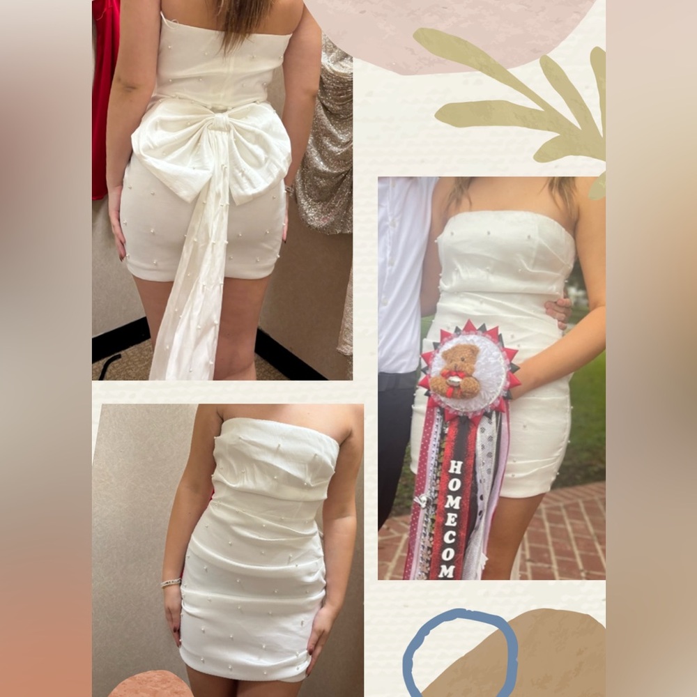 WHITE TAFFETA PEARL PROM SLEEVELESS HOMECOMING WEDDING BALL GOWN TRAIN BOW MED